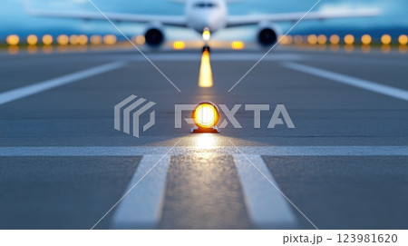Runway illuminated by airplane landing lights 123981620