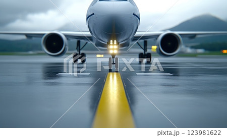 Close-up of airplane landing for touchdown Close-up of airplane landing for touchdown 123981622