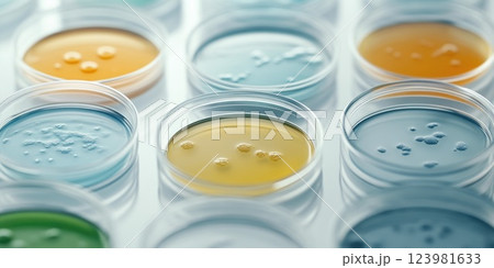 Close-up of colorful bacterial colonies in petri dishes Close-up of colorful bacterial colonies in petri dishes 123981633