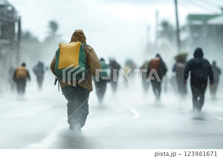 Emergency evacuation on city streets during hurricane Emergency evacuation on city streets during hurricane 123981671
