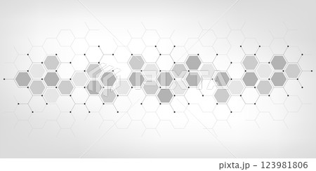 Genetic engineering and molecular structure, hexagon DNA network, science chemical and biotechnology concept, innovation technology, healthcare, and medicine design. 123981806