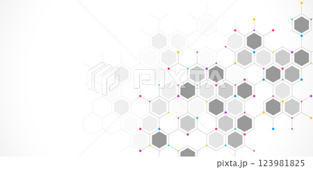 Genetic engineering and molecular structure, hexagon DNA network, science chemical and biotechnology concept, innovation technology, healthcare, and medicine design. 123981825