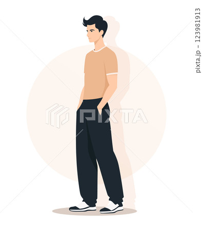 Young Man in a Beige Tank Top and Loose Black Pants in a Relaxed Pose 123981913