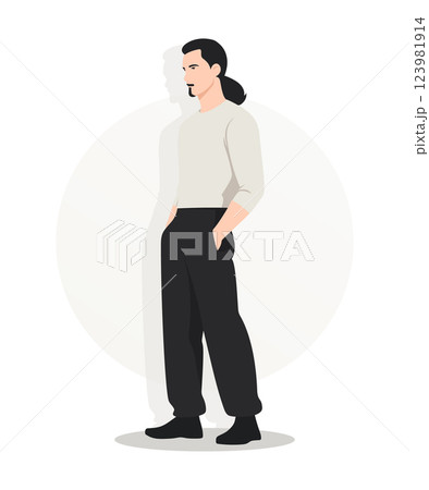 Young Man with Long Hair in a White T-Shirt and Black Pants Standing Casually 123981914