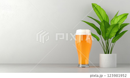refreshing glass of craft beer beside green plant in modern setting refreshing glass of craft beer beside green plant in modern setting 123981952