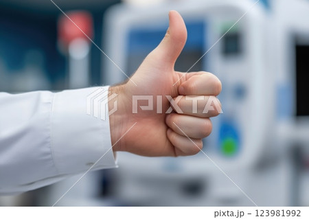 Hand Giving Thumbs Up After Blood Donation Hand Giving Thumbs Up After Blood Donation 123981992