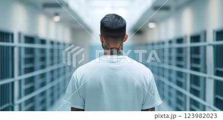 Tough inmate standing proud with tattoos 123982023