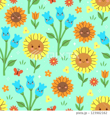 Seamless pattern with cute funny sunflowers. Vector graphics 123982162