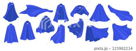 Blue Superhero Capes Icon Set. Cartoon Hero Capes, Flying Capes For Comics, Animations, Costume Designs. Dynamic Blue Comic Capes In Different Shapes For Superhero, Fantasy Hero Concept 123982214