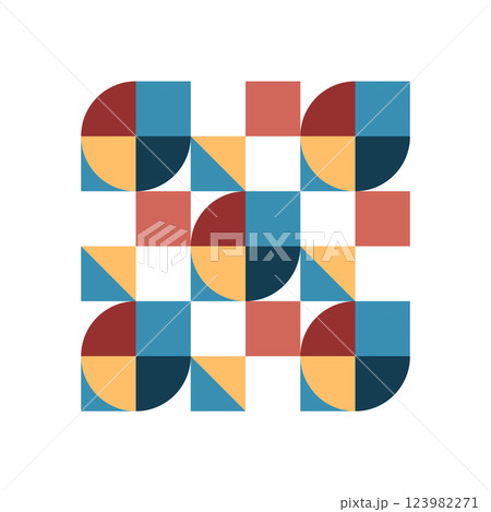 Abstract Bauhaus geometric design with a colorful pattern and modern symmetry. The artwork features circles and squares in a balanced, minimalistic style. Abstract Bauhaus geometric design with a colorful pattern and modern symmetry. The artwork features circles and squares in a balanced, minimalistic style. 123982271