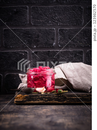 Healthy homemade fermented food in jars 123982570