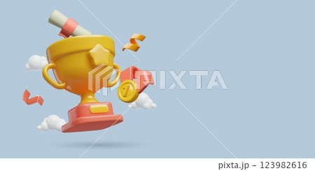 Winner awards background with a 3d style trophy gold medal and diploma scroll flying in the sky Winner awards background with a 3d style trophy gold medal and diploma scroll flying in the sky 123982616