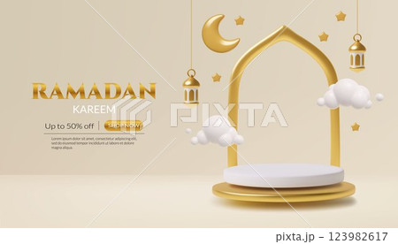 Gold and white Ramadan podium 3d realistic sale background design with crescent stars and lanterns Gold and white Ramadan podium 3d realistic sale background design with crescent stars and lanterns 123982617