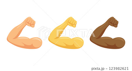 Muscular Arm Icon Set with Diverse Skin Tones. Strong Bicep Showcasing Various Skin Tones From Light to Dark. Design Template for Fitness, Health, Gym, Workout Graphics, Bodybuilding, Wellness Design 123982621