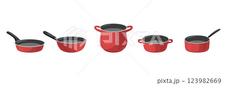 Flat Color Cookware Vector Illustration. Cooking Pots, Frying Pans, Saucepan. Kitchen Utensils, Kitchenware, Cooking Set. Nonstick Cookware, Kitchen Cooking Pans, Utensils, Equipment Icons 123982669