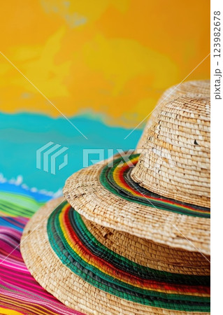 Cinco de Mayo, national holiday of Mexico, bright colorful yellow orange blue background, straw hat, vertical banner, copy space, free space for text Cinco de Mayo, national holiday of Mexico, bright colorful yellow orange blue background, straw hat, vertical banner, copy space, free space for text 123982678