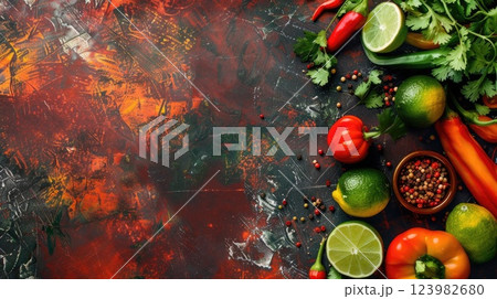 fresh fruits and vegetables, Cinco de Mayo, national holiday of Mexico, horizontal banner, dark stone background, copy space, free space for text fresh fruits and vegetables, Cinco de Mayo, national holiday of Mexico, horizontal banner, dark stone background, copy space, free space for text 123982680