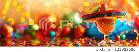Cinco de Mayo, the national holiday of Mexico, bright colorful background, citrus cocktail, decorated with a straw hat, glitter and shine, horizontal banner, copy space, free space for text Cinco de Mayo, the national holiday of Mexico, bright colorful background, citrus cocktail, decorated with a straw hat, glitter and shine, horizontal banner, copy space, free space for text 123982686