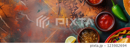 Cinco de Mayo, national holiday of Mexico, traditional Mexican cuisine, dark stone background, horizontal banner, copy space, free space for text 123982694