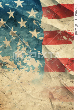 US Independence Day, US flag, texture of old paper, vertical banner, copy space, free space for text 123982698
