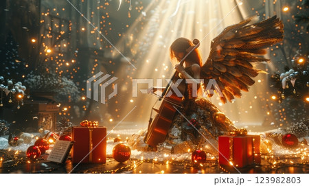 A Celestial Musician performs among the enchanting beauty of a Magical Holiday Scene 123982803