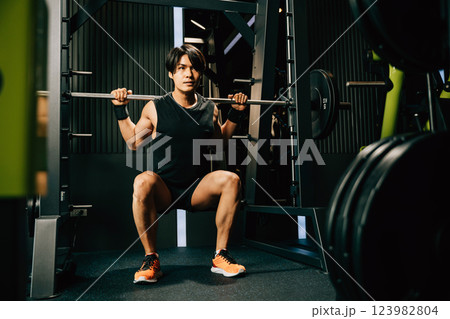 Asian muscular man guy performing a squat exercise legs heavy weights with a barbell in gym, men doing lifting barbell work out at fitness gym, sport workout healthy lifestyle concept Asian muscular man guy performing a squat exercise legs heavy weights with a barbell in gym, men doing lifting barbell work out at fitness gym, sport workout healthy lifestyle concept 123982804