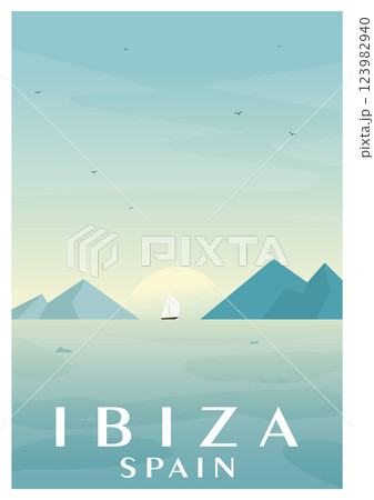 Mediterranean islands vector illustration. Vintage travel poster Ibiza Spain, tropical resort, beach. Balearic Islands Mediterranean islands vector illustration. Vintage travel poster Ibiza Spain, tropical resort, beach. Balearic Islands 123982940