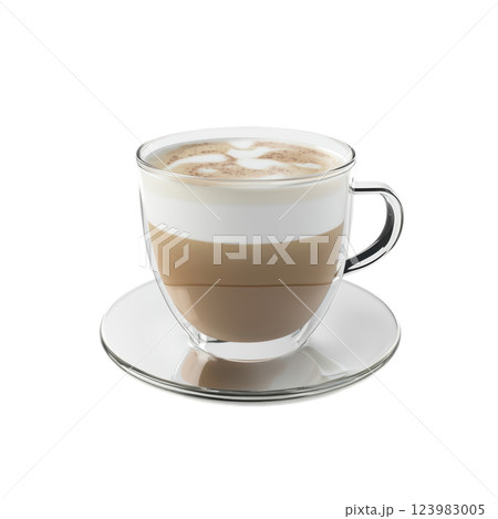 Enjoy a delicious latte in a clear glass cup with a saucer for elegance and comfort Enjoy a delicious latte in a clear glass cup with a saucer for elegance and comfort 123983005