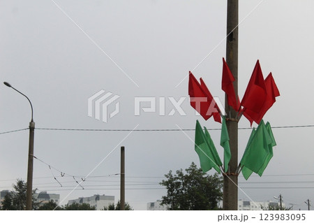 Red and green flags on a pole against a gray sky 123983095