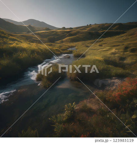 Tranquil Stream through Rolling Hills at Sunrise 123983119