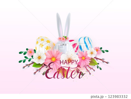 Easter poster with ceramic bunny, flowers, colorful Easter eggs decorated with pattern. Easter greetings and gifts. Easter promotion and shopping template. Vector 123983332