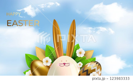 Easter poster with ceramic bunny, flowers, golden eggs decorated with pattern. Sky background. Easter greetings and gifts. Vector illustration 123983333