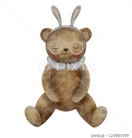 Teddy bear sitting in bunny ears. Watercolor illustration of kid's toy in hare outfit in retro style on isolated background for greeting cards, Christmas vintage invitations, clothes, party design 123983559