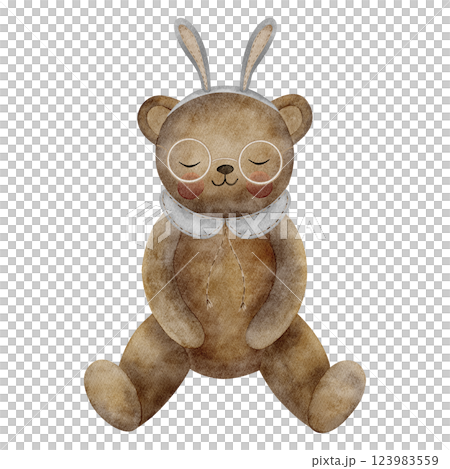 Teddy bear sitting in bunny ears. Watercolor illustration of kid's toy in hare outfit in retro style on isolated background for greeting cards, Christmas vintage invitations, clothes, party design 123983559