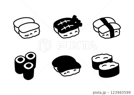 モノクロのかわいいお寿司のイラストセット イカ 海老 マグロ 123983599