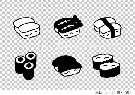 モノクロのかわいいお寿司のイラストセット イカ 海老 マグロ 123983599