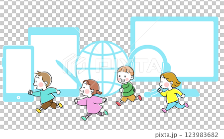 グローバルな時代にオンラインで交流する子供たちのイラスト グローバルな時代にオンラインで交流する子供たちのイラスト 123983682