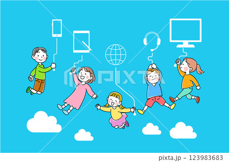 デジタル社会でつながる子供たちと雲が浮かぶ空のイラスト 123983683