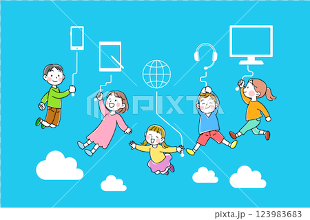 孩子們在數位社會中的聯繫以及天空中飄浮的雲彩的插圖 123983683