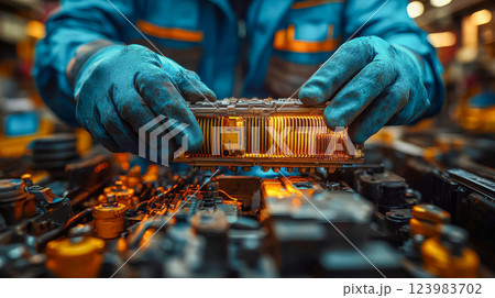 Close-up of gloved hands handling a complex illuminated industrial component 123983702