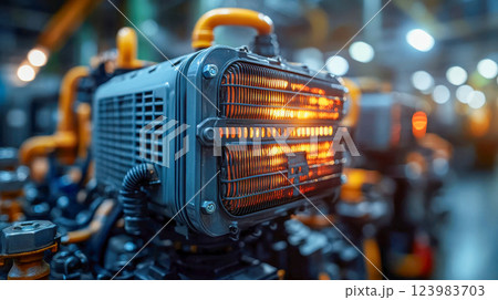 A glowing radiator unit in a high-tech factory setting with industrial piping 123983703