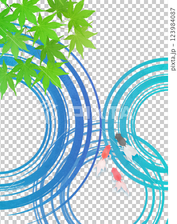新緑のモミジと水紋のイラストフレーム背景素材 123984087