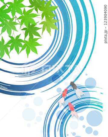 新緑のモミジと水紋のイラストフレーム背景素材 123984090