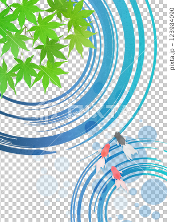 新緑のモミジと水紋のイラストフレーム背景素材 123984090