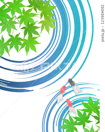 新緑のモミジと水紋のイラストフレーム背景素材 123984092
