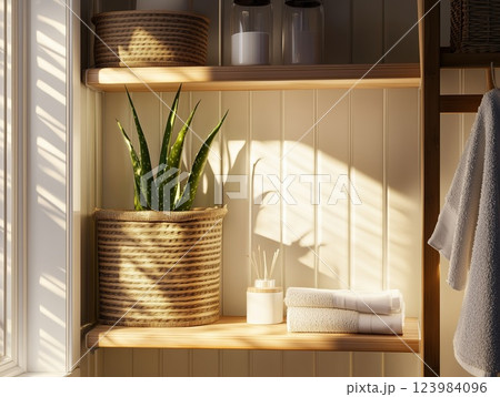 Aloe vera in a pot stands on a wooden shelf in the rays of the sun in a cozy bathroom interior. House plants. Aloe vera in a pot stands on a wooden shelf in the rays of the sun in a cozy bathroom interior. House plants. 123984096