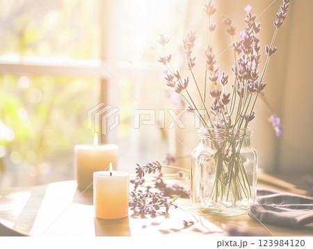Lavender in a glass vase on a wooden table near the window in a cozy sunny room. House plants. 123984120