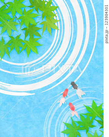 新緑のモミジと水紋のイラストフレーム背景素材 123984301