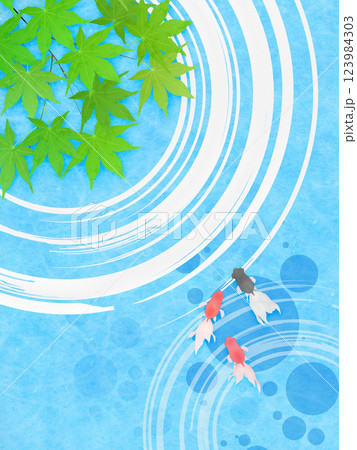 新緑のモミジと水紋のイラストフレーム背景素材 123984303