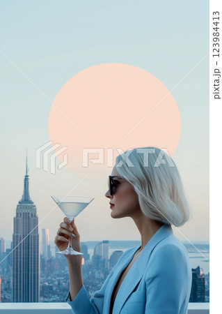 A woman is standing on a rooftop with a martini glass in her hand 123984413